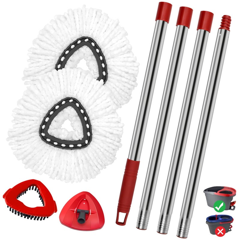 Spin Mop Handle Mop Heads Mop Base Mop Scruby Brush Replacement Sets Combo Compatible with Ocedar EasyWring 1 Tank Spin Mop System 1 Sets Stainless Steel Mop Handle 2 White Heads 1 Base 1 Brush